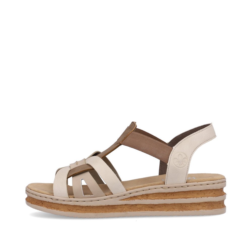 Beige Rieker women´s strap sandals 62918-62 with an elastic insert. Outside of the shoe.
