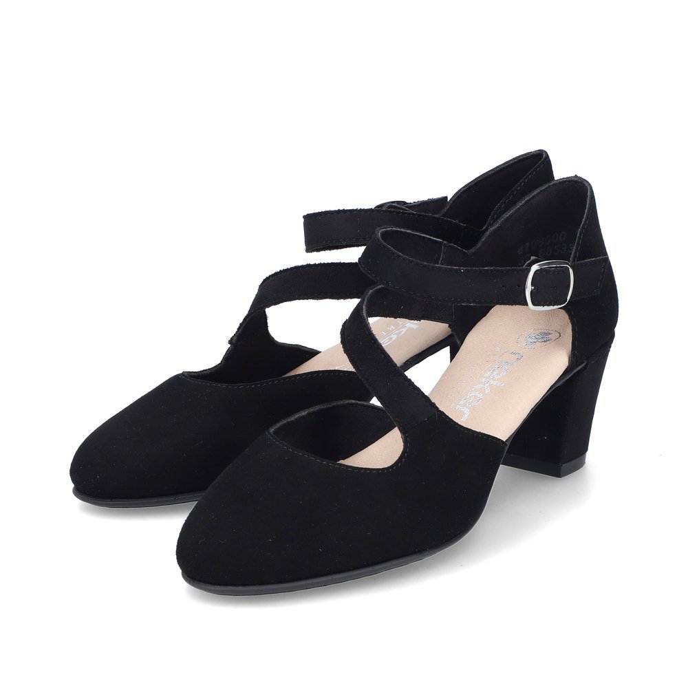 Black Rieker women´s pumps 41080-00 with a buckle as well as extra soft cover sole. Shoes laterally.