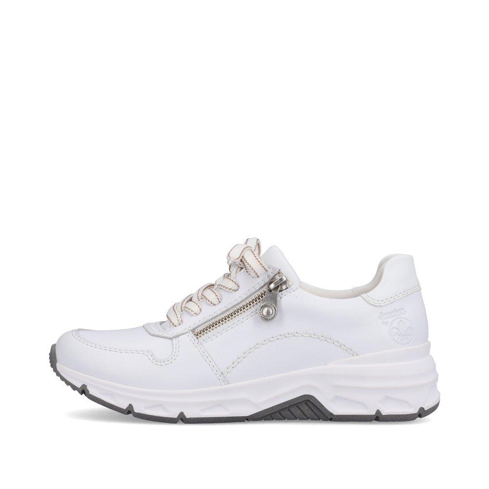 Weiße Rieker Damen Sneaker Low 48134-81 mit Reißverschluss sowie Komfortweite G. Schuh Außenseite.