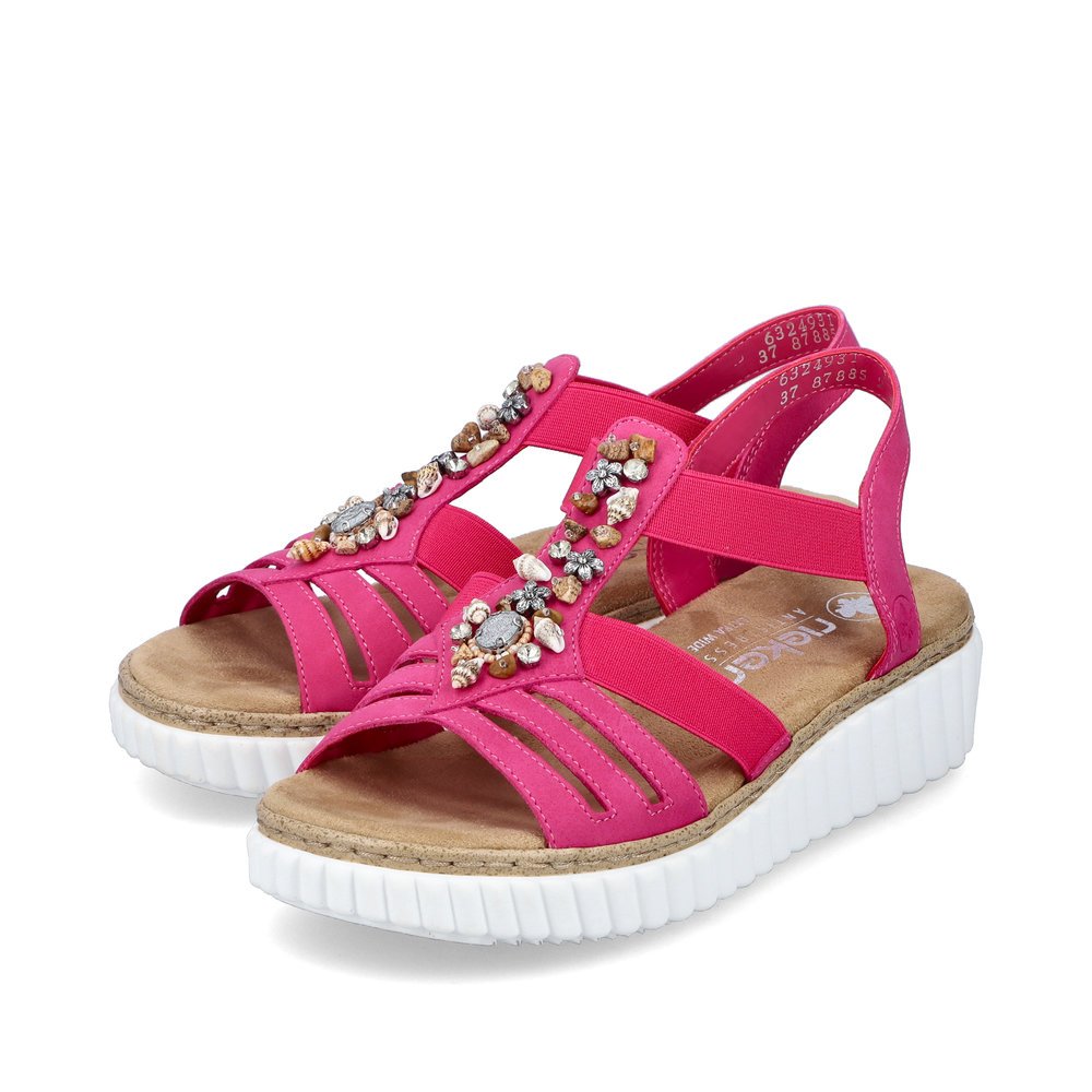 Pink Rieker women´s wedge sandals 63249-31 with an elastic insert. Shoes laterally.