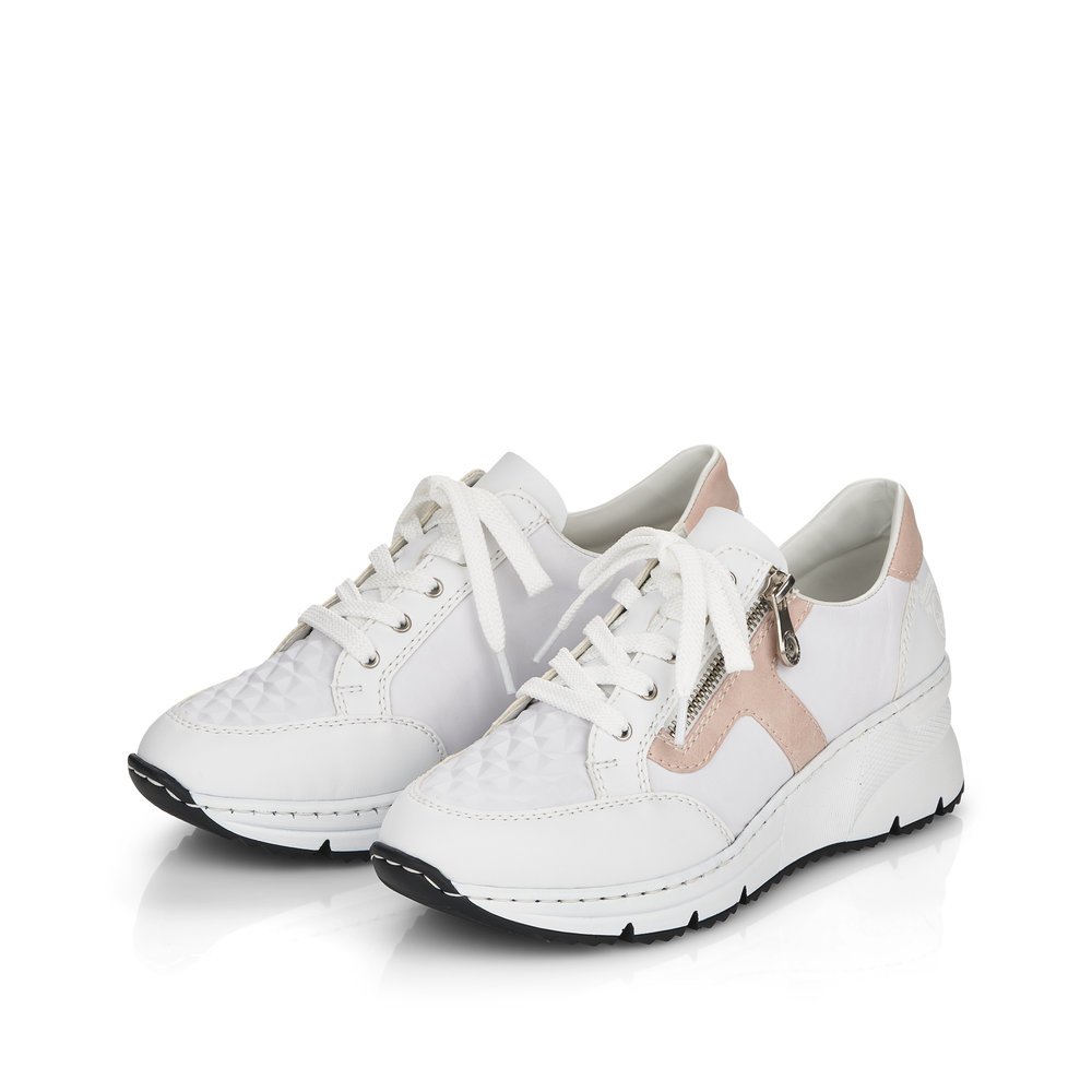 Swan white Rieker women´s low-top sneakers N6303-80 with a zipper. Shoes laterally.