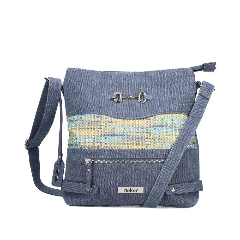 Rieker shoulder bag H1517-14 in blue with woven look and two main pockets that can be closed separately. Front.