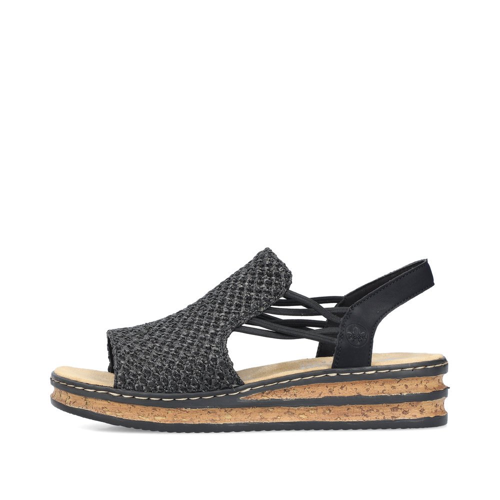 Black Rieker women´s wedge sandals 62941-00 with an elastic insert. Outside of the shoe.