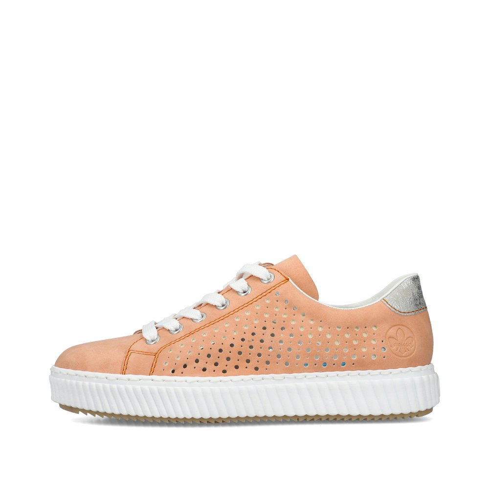 Pastel orange Rieker women´s low-top sneakers M3901-38 with lacing. Outside of the shoe.