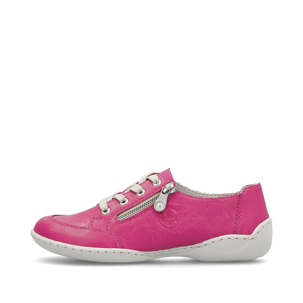 Magentafarbene Rieker Damen Schnürschuhe 58822-31 mit einem Reißverschluss. Schuh Außenseite.