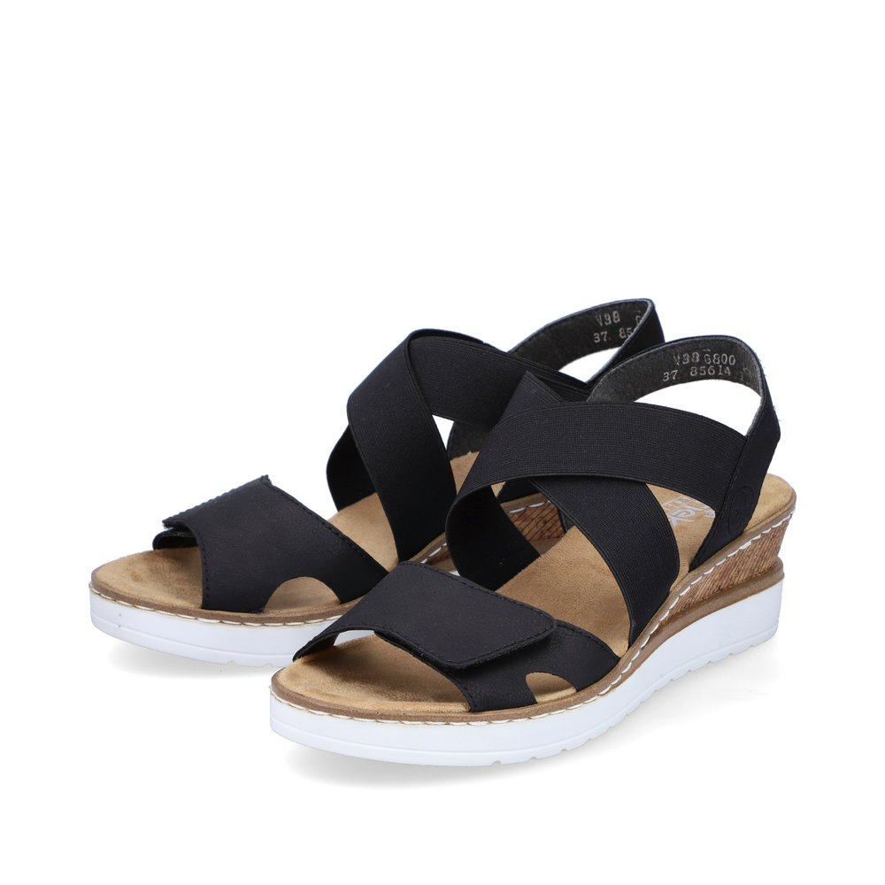 Black Rieker women´s wedge sandals V38G8-00 with an elastic insert. Shoes laterally.