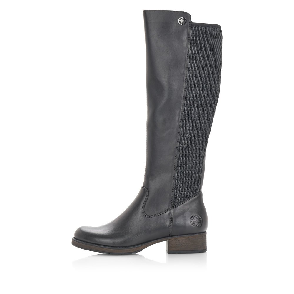 Jet black Rieker women´s high boots Z9591-00 with a zipper as well as profile sole. The outside of the shoe