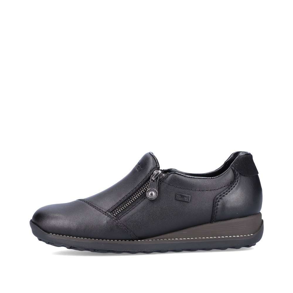 Steel black Rieker women´s slippers 44265-00 with zipper as well as profile sole. The outside of the shoe