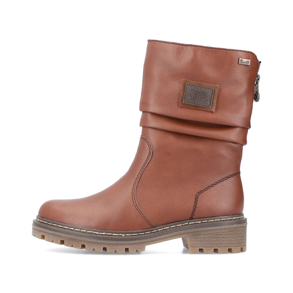 Copper brown Rieker women´s ankle boots Y9260-25 with a zipper as well as Fiber-Grip. The outside of the shoe