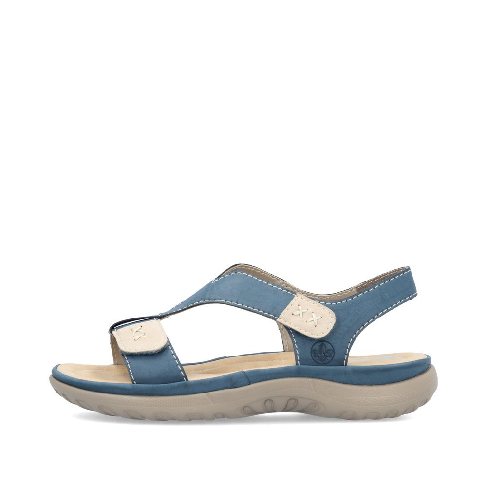 Rieker sandales à lanières bleues femmes 64873-14 avec fermeture velcro. Côté extérieur de la chaussure.