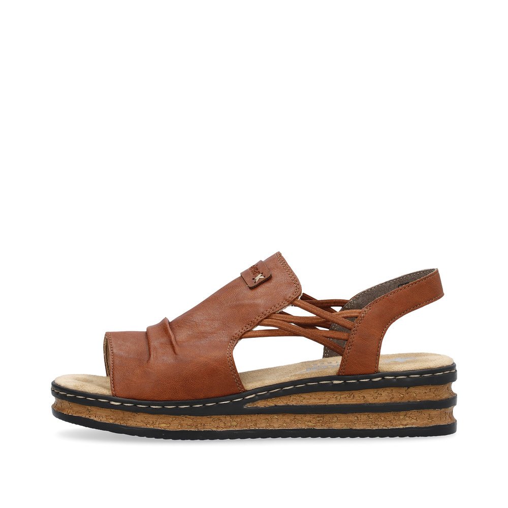 Wood brown Rieker women´s wedge sandals 62962-22 with an elastic insert. Outside of the shoe.
