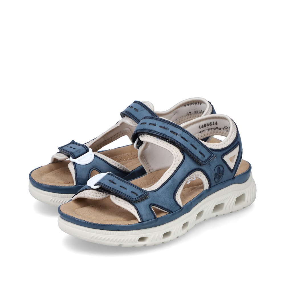 Slate blue Rieker women´s hiking sandals 64066-14 with an ultra light sole. Shoes laterally.
