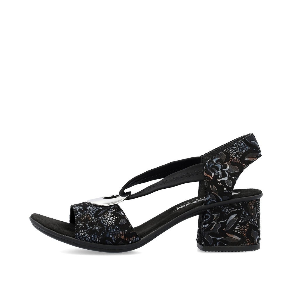 Night black Rieker women´s strap sandals 64683-91 with an elastic insert. Outside of the shoe.