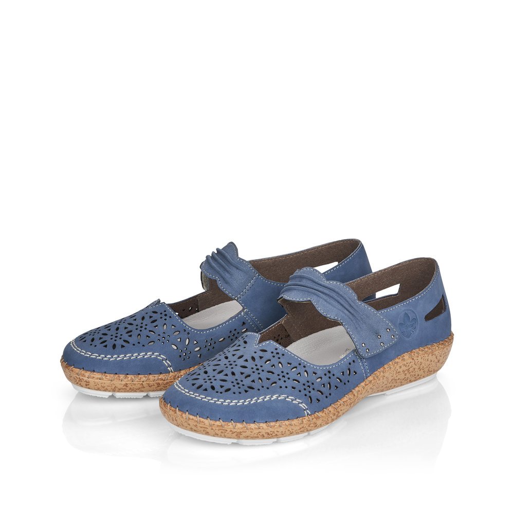 Sky blue Rieker women´s ballerinas 44896-15 with a hook and loop fastener. Shoes laterally.