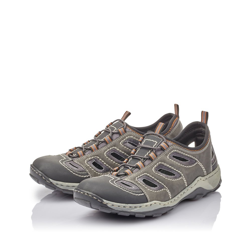 Granite grey Rieker men´s slippers 08065-02 with an elastic lacing. Shoes laterally.