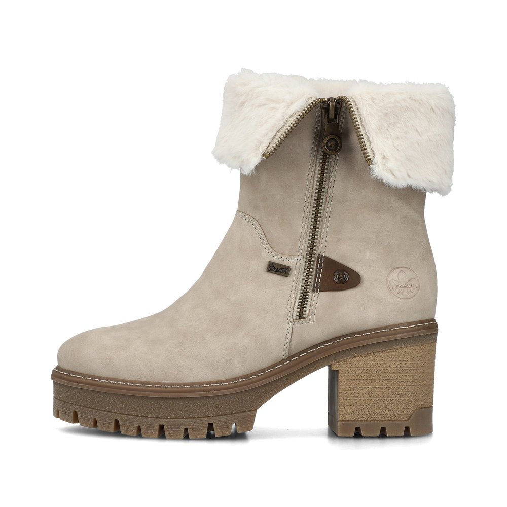 Grey beige Rieker women´s ankle boots Y8582-60 with profile sole with block heel. The outside of the shoe