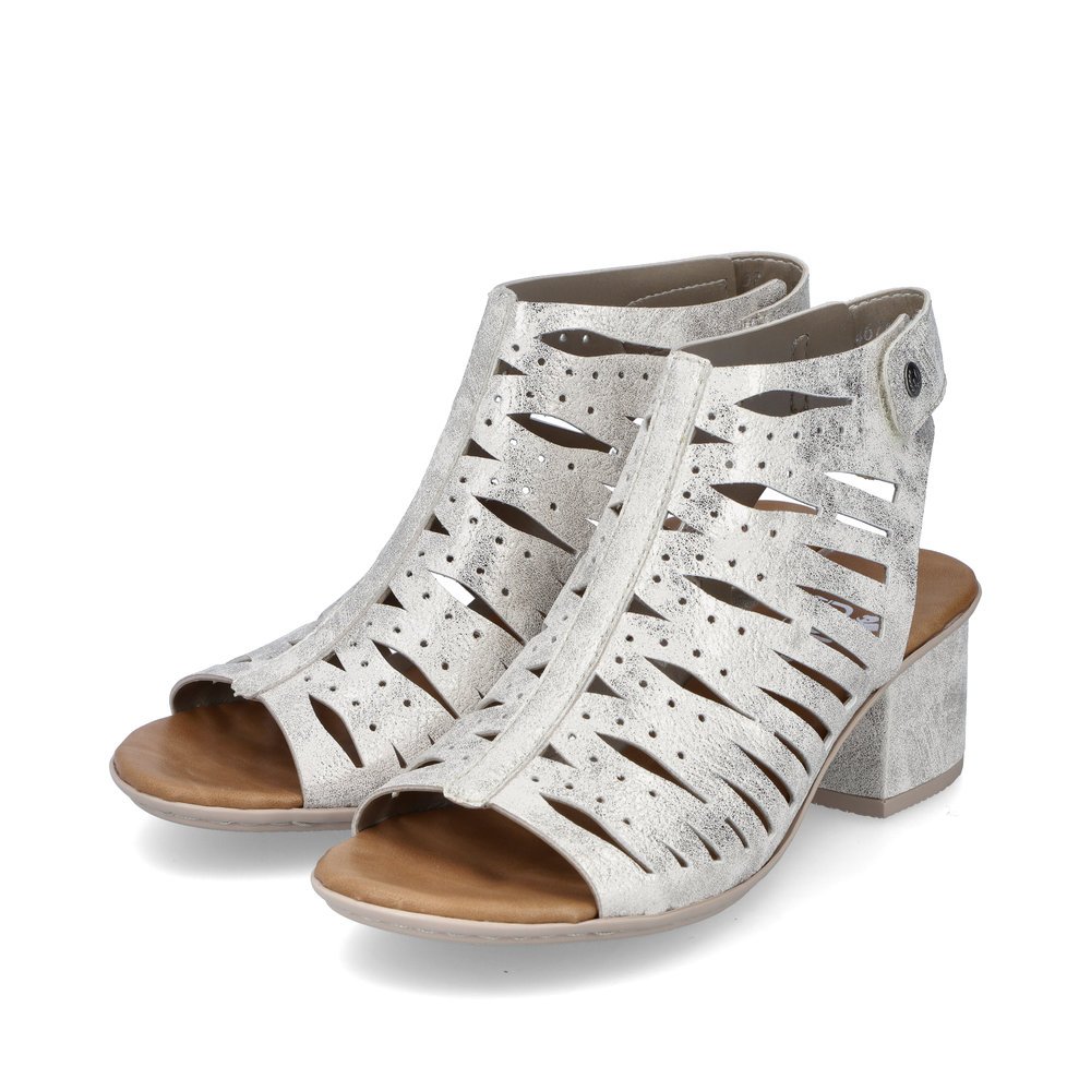 Silver Rieker women´s strap sandals 64676-60 with a hook and loop fastener. Shoes laterally.