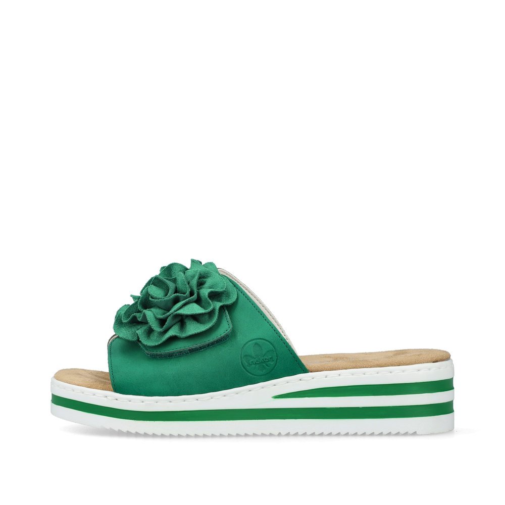 Grass green Rieker women´s mules V0252-52 with a hook and loop fastener. Outside of the shoe.