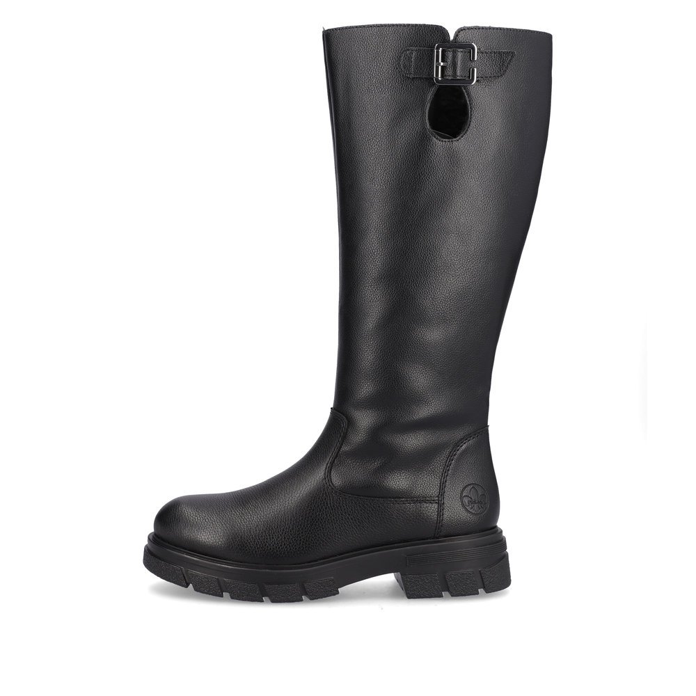 Jet black Rieker women´s high boots Z9161-00 with a zipper as well as profile sole. The outside of the shoe