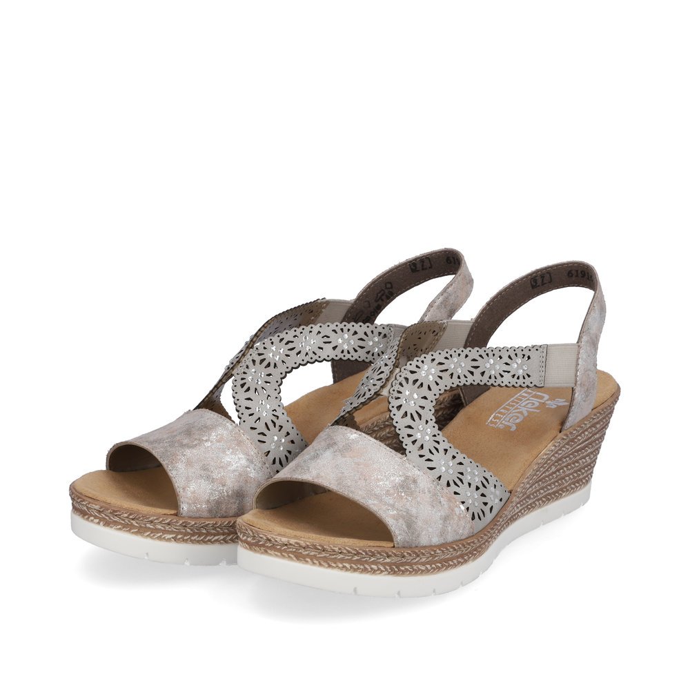 Metallic Rieker women´s wedge sandals 61916-91 with an elastic insert. Shoes laterally.
