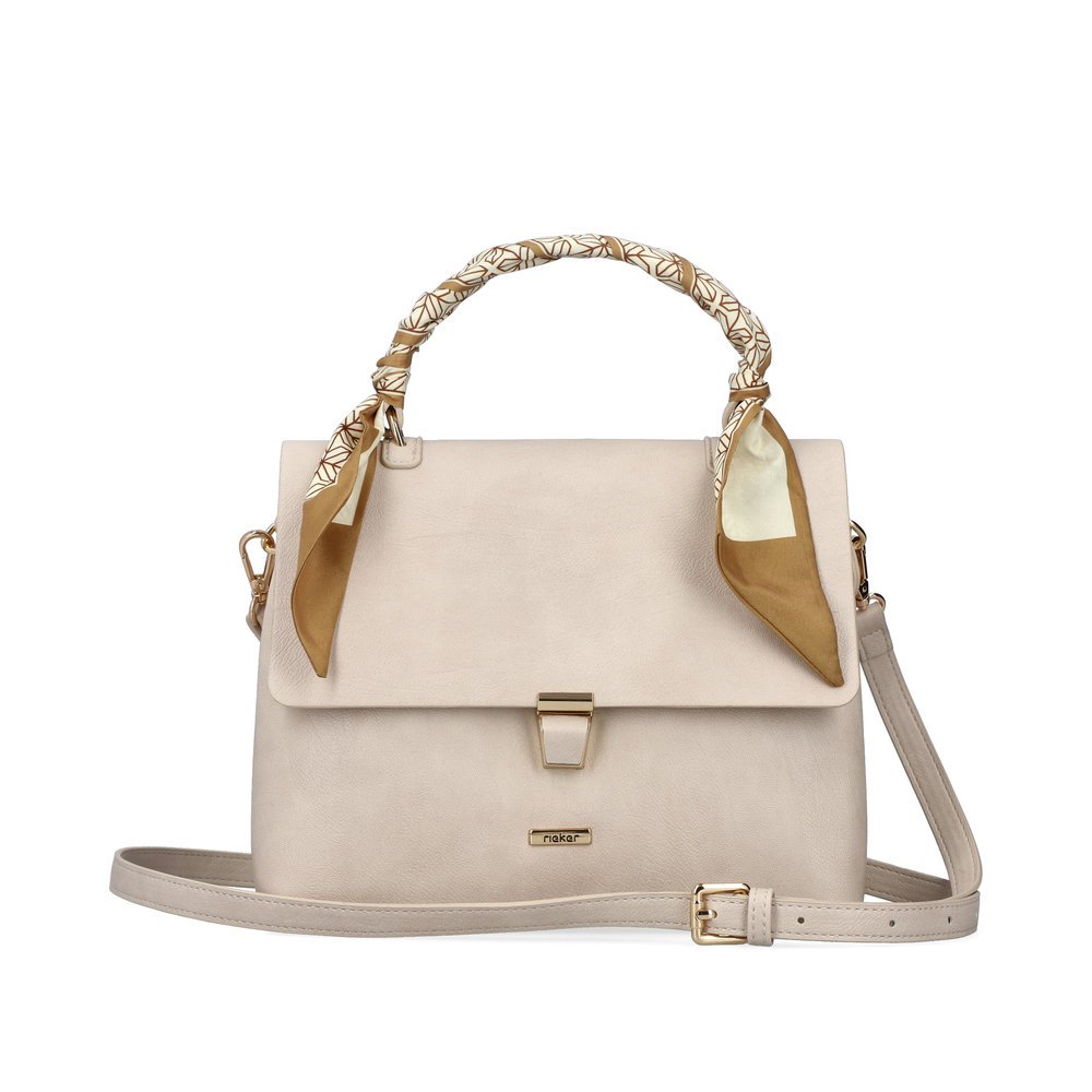 Rieker handbag H1605-60 in beige with decorative ribbon, zipper, practical snap closure and divided main pocket. Front.