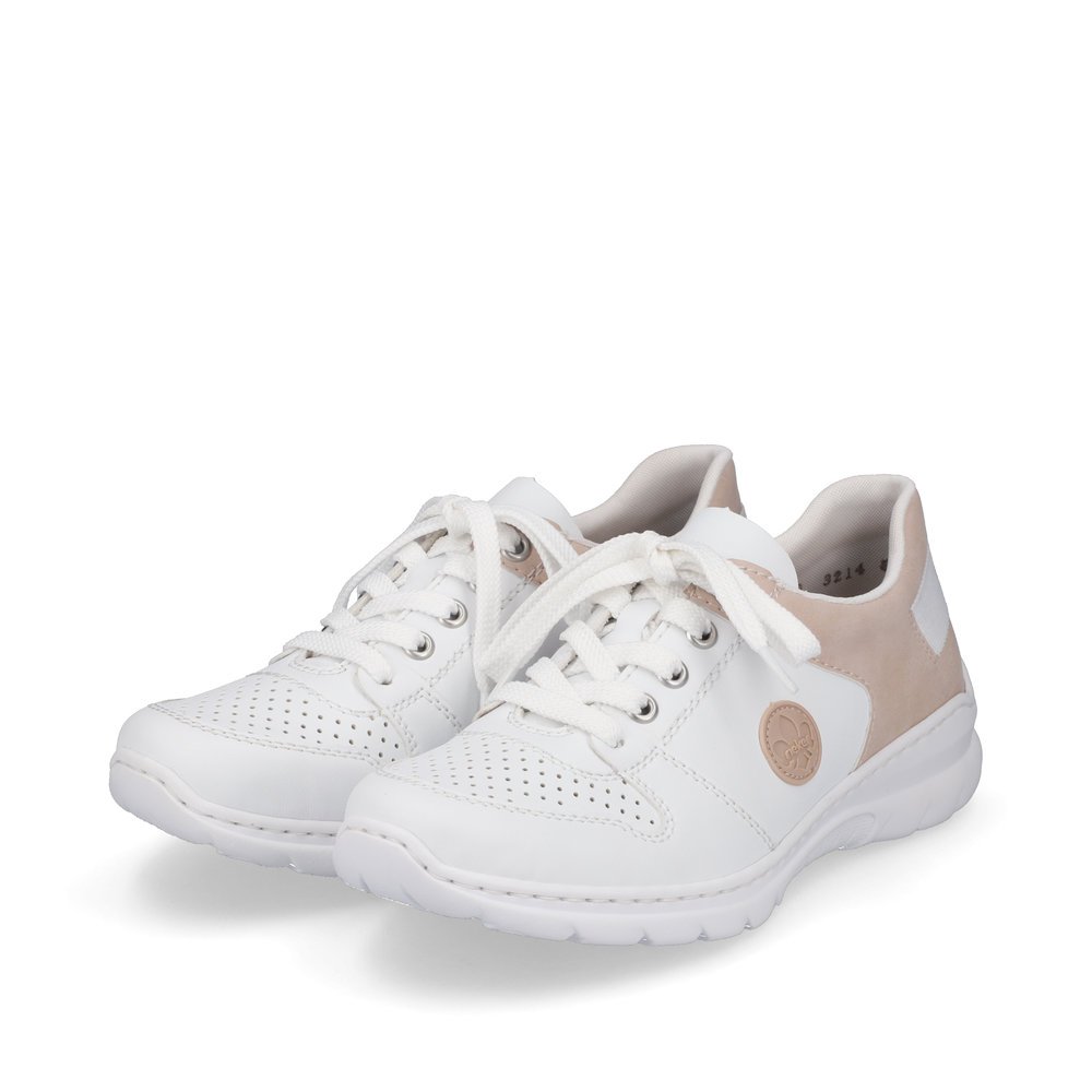 Ice white Rieker women´s low-top sneakers L3214-80 with lacing. Shoes laterally.
