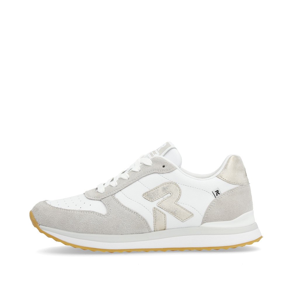 White Rieker women´s low-top sneakers 42501-81 with a super light and flexible sole. Outside of the shoe.