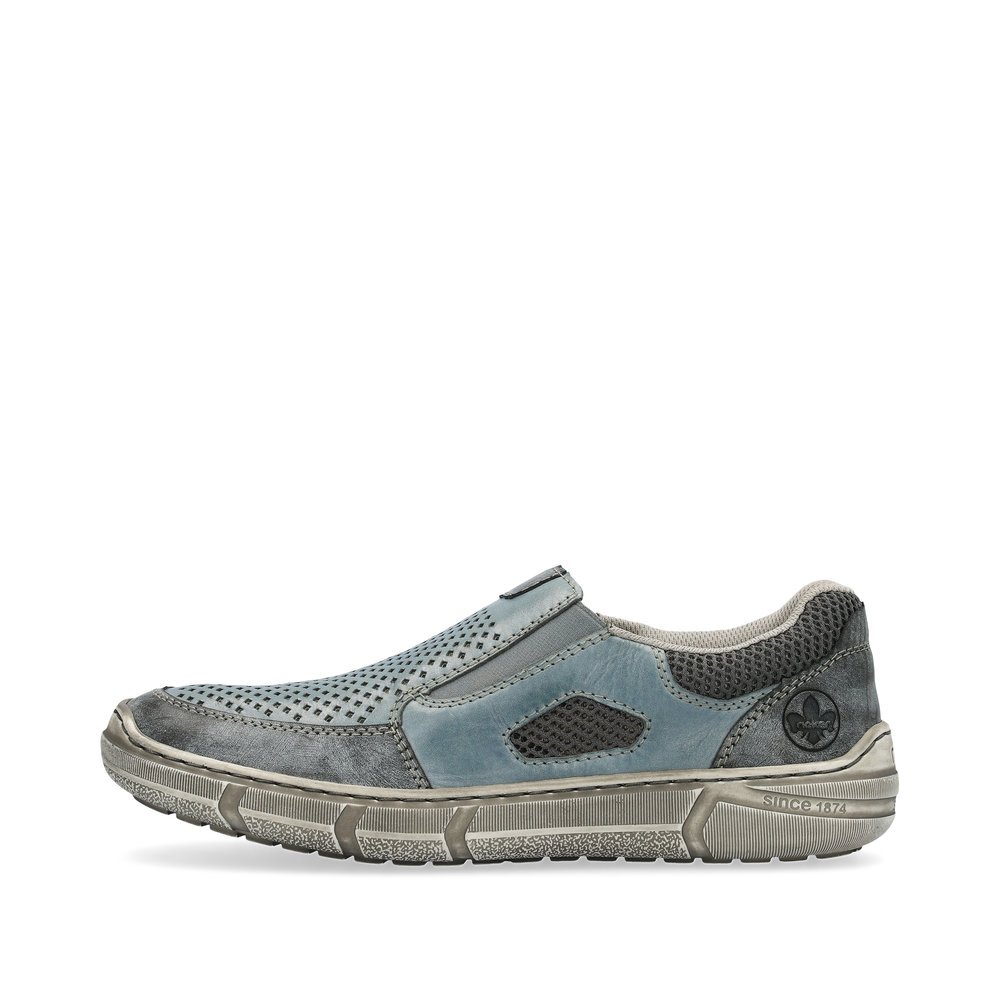 Rieker chaussons bleus pour hommes 04051-12 avec un insert élastique. Côté extérieur de la chaussure.