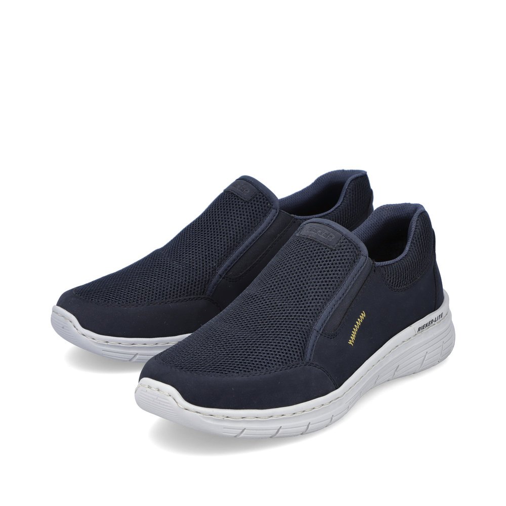 Ocean blue Rieker men´s slippers 13155-14 with an elastic insert. Shoes laterally.