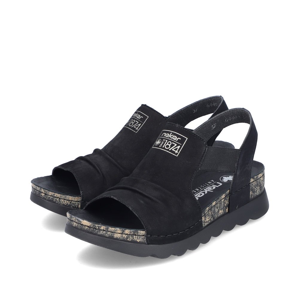 Asphalt black Rieker women´s strap sandals 64463-01 with an elastic insert. Shoes laterally.