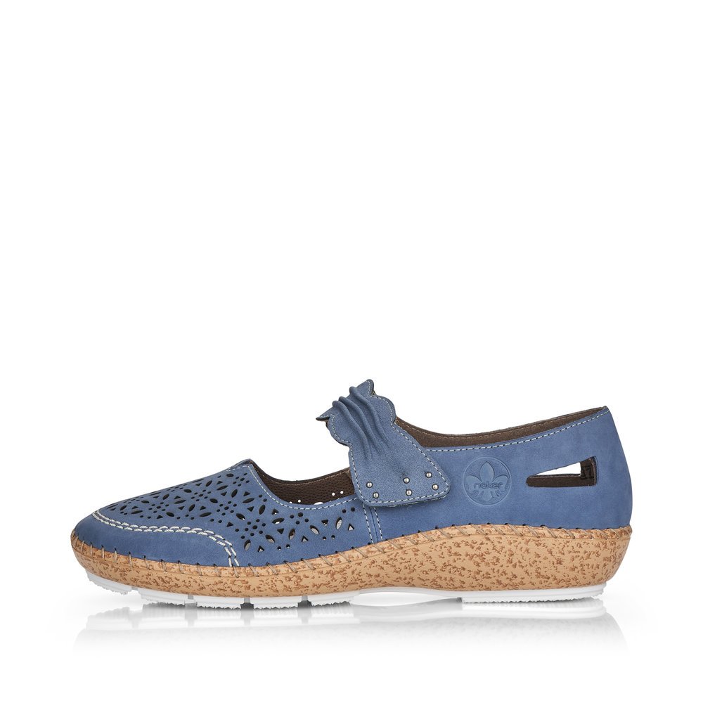 Sky blue Rieker women´s ballerinas 44896-15 with a hook and loop fastener. Outside of the shoe.