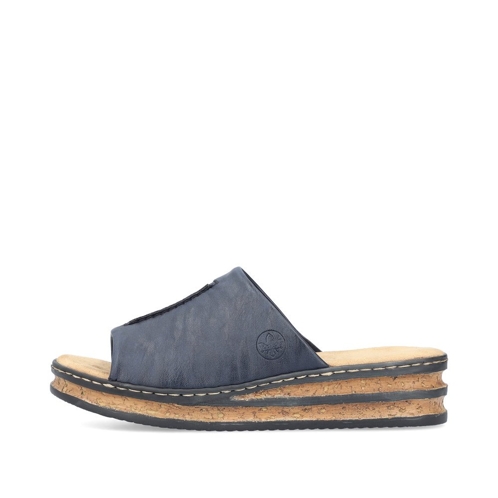 Navy blue Rieker women´s mules 62905-14 with the slim fit E 1/2. Outside of the shoe.