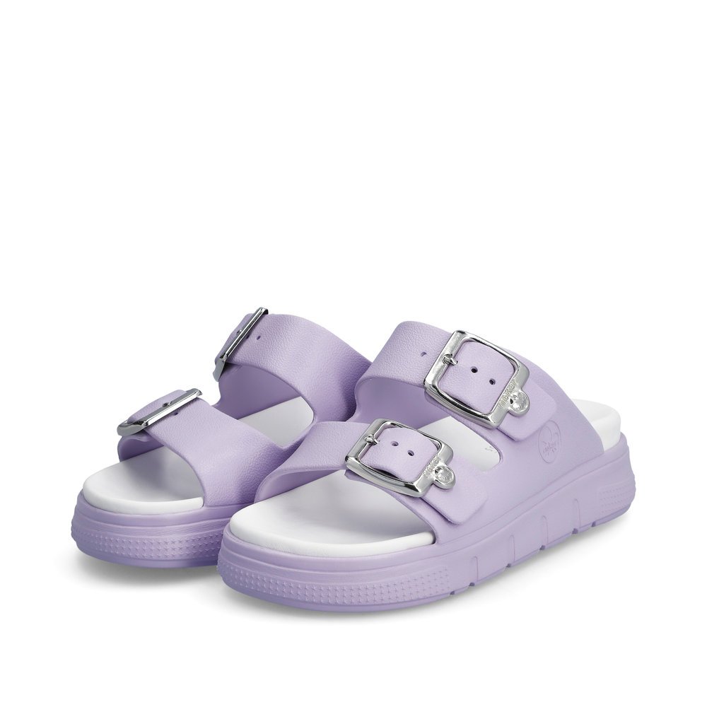 Lilac Rieker women´s mules P2180-30 with a buckle as well as flexible platform sole. Shoes laterally.