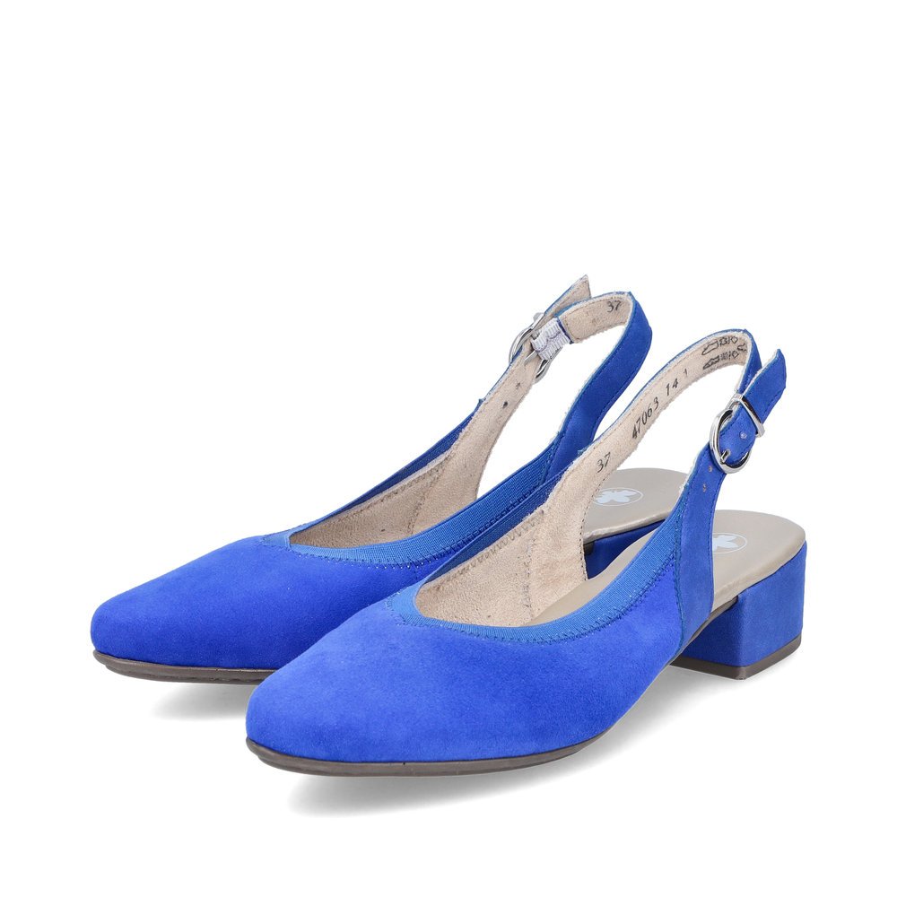 Sky blue Rieker women´s slingback pumps 47063-14 with a buckle. Shoes laterally.