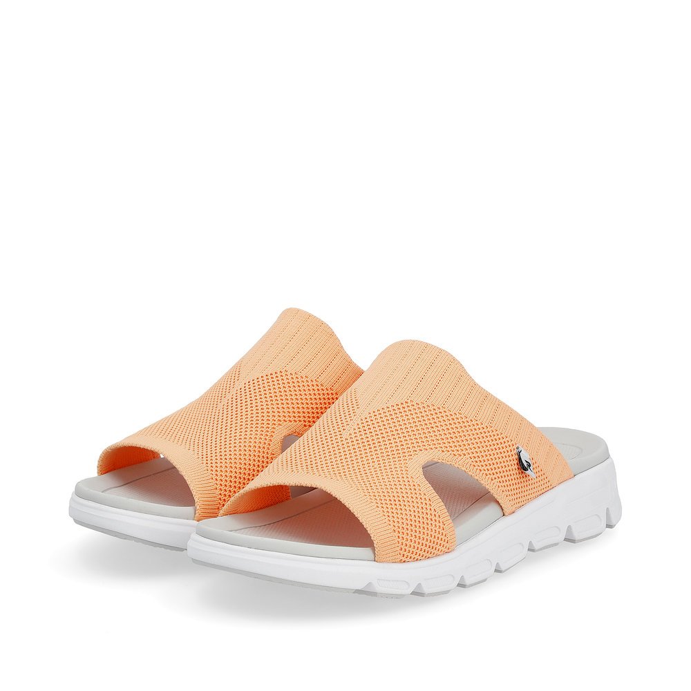 Orange washable Rieker women´s mules V8451-38 with a super light and flexible sole. Shoes laterally.