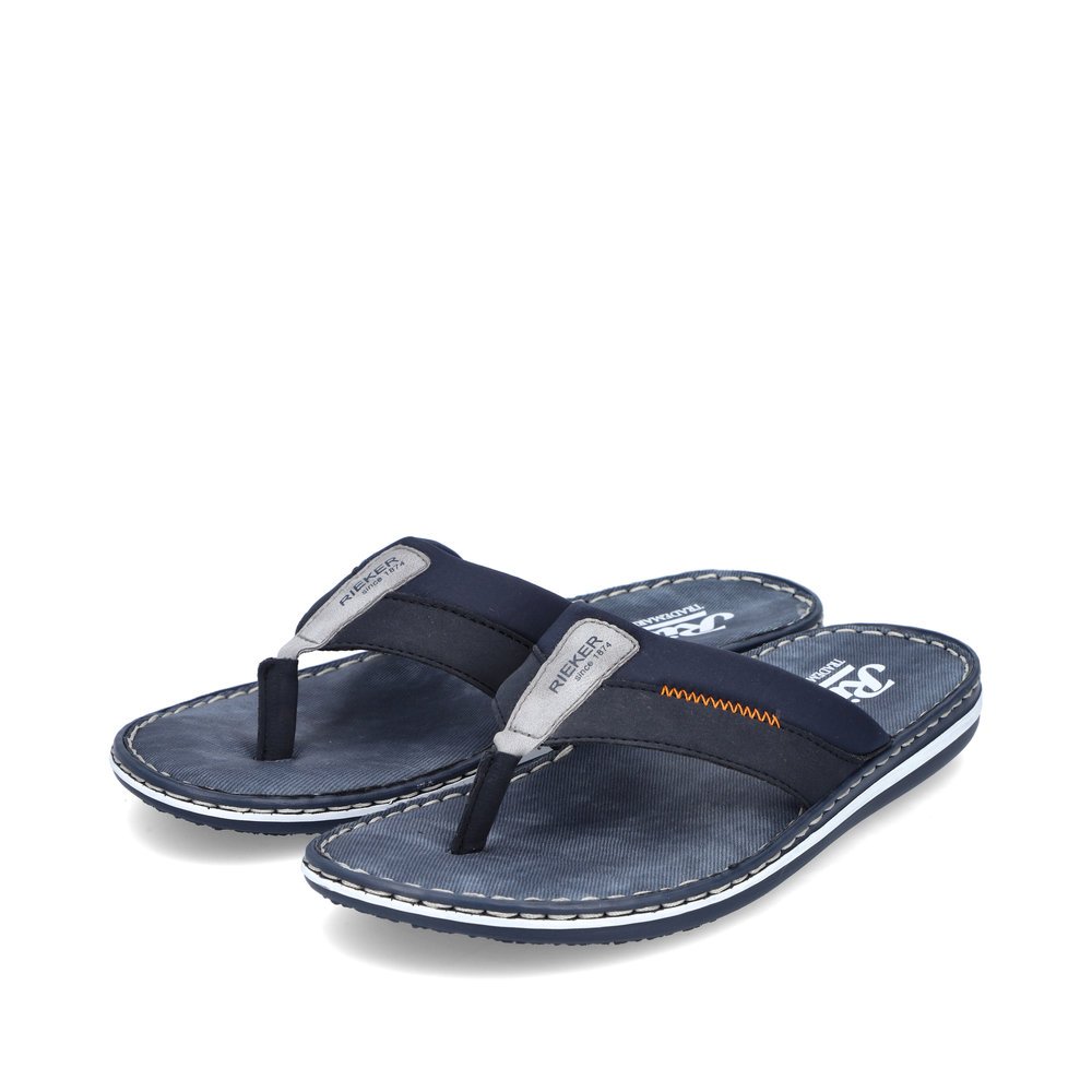 Navy blue Rieker men´s flip flops 21097-14 with orange stitching. Shoes laterally.