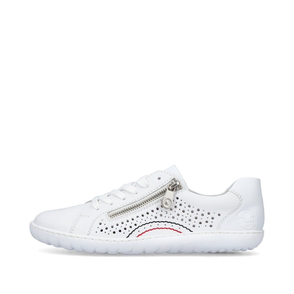 White Rieker women´s lace-up shoes 52824-80 with zipper as well as perforated look. Outside of the shoe.