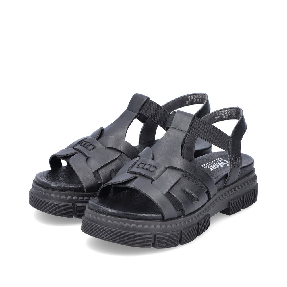 Black Rieker women´s strap sandals V5352-00 with an elastic insert. Shoes laterally.