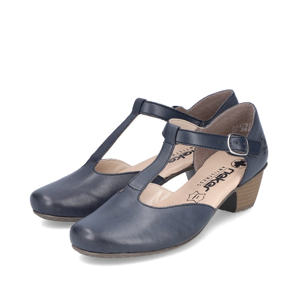 Blue Rieker women´s pumps 41787-14 with buckle as well as extra soft cover sole. Shoes laterally.