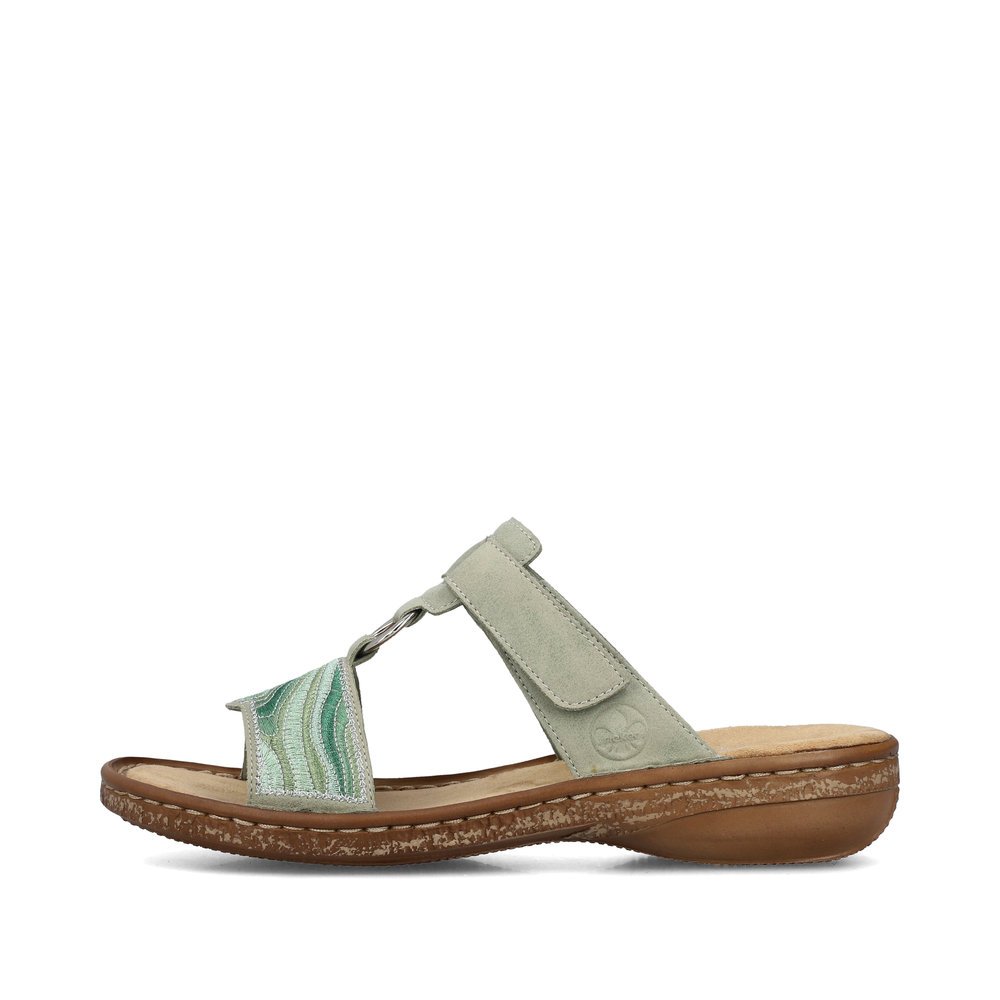 Green Rieker women´s mules 62829-52 with a hook and loop fastener. Outside of the shoe.