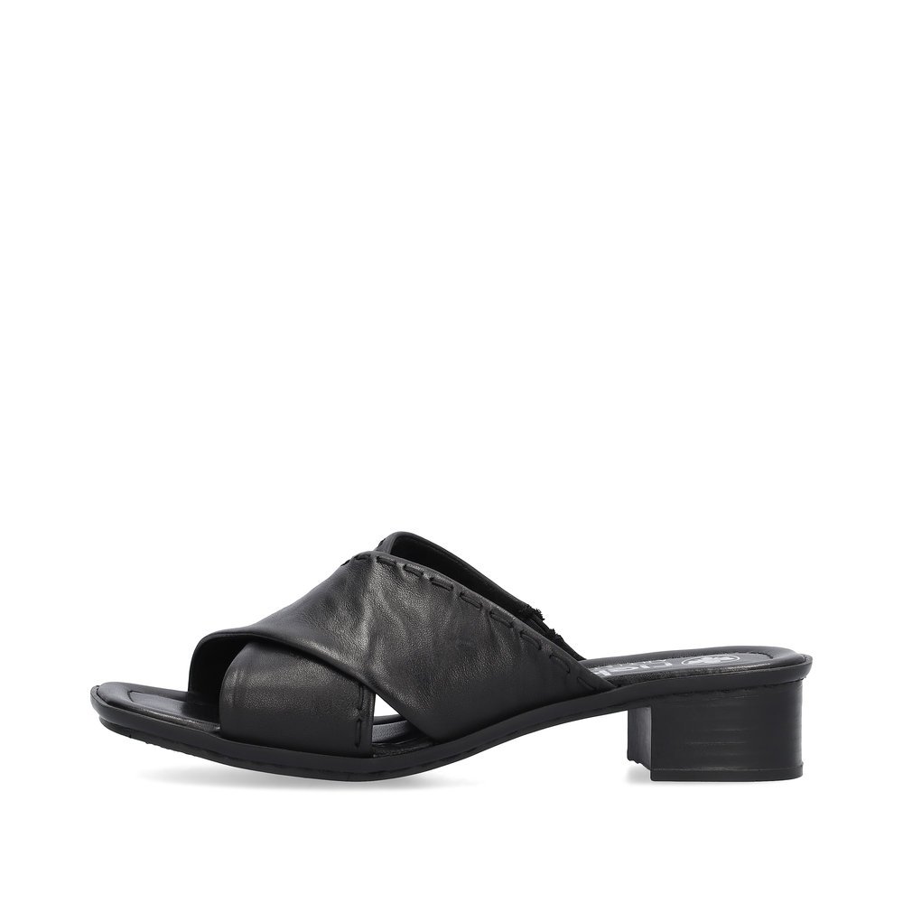 Asphalt black Rieker women´s mules 62690-00 with the slim fit E 1/2. Outside of the shoe.