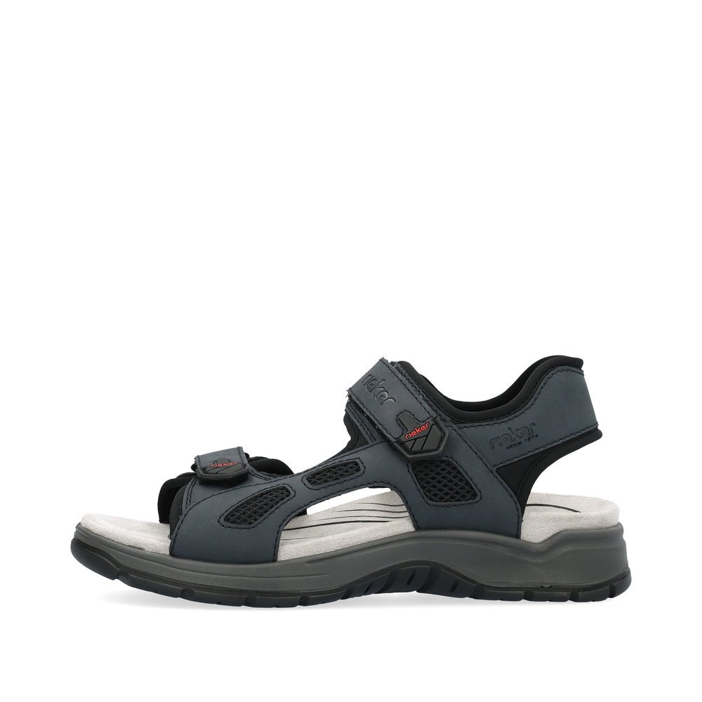 Slate blue Rieker men´s hiking sandals 26955-14 with a hook and loop fastener. Outside of the shoe.