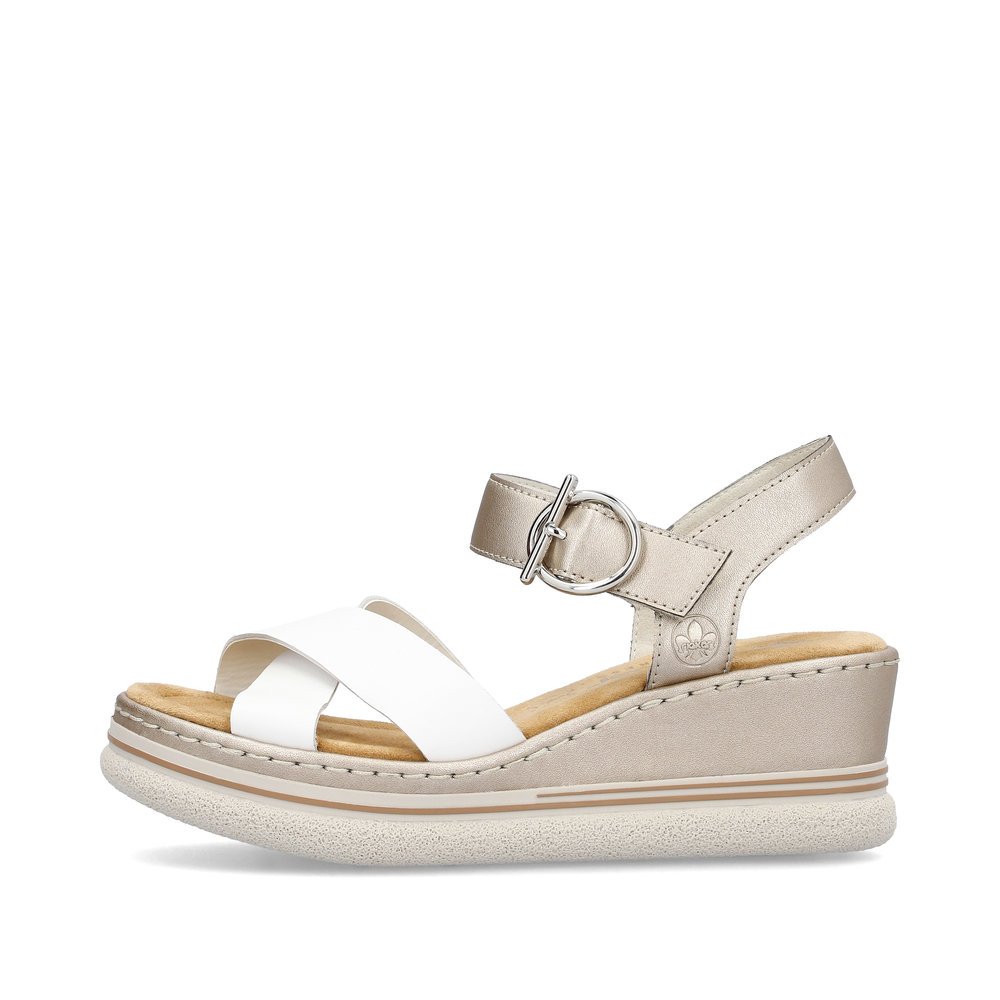 Ice white Rieker women´s wedge sandals 67703-80 with a hook and loop fastener. Outside of the shoe.