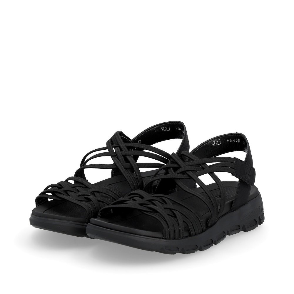 Black Rieker women´s hiking sandals V8400-00 with a flexible sole. Shoes laterally.