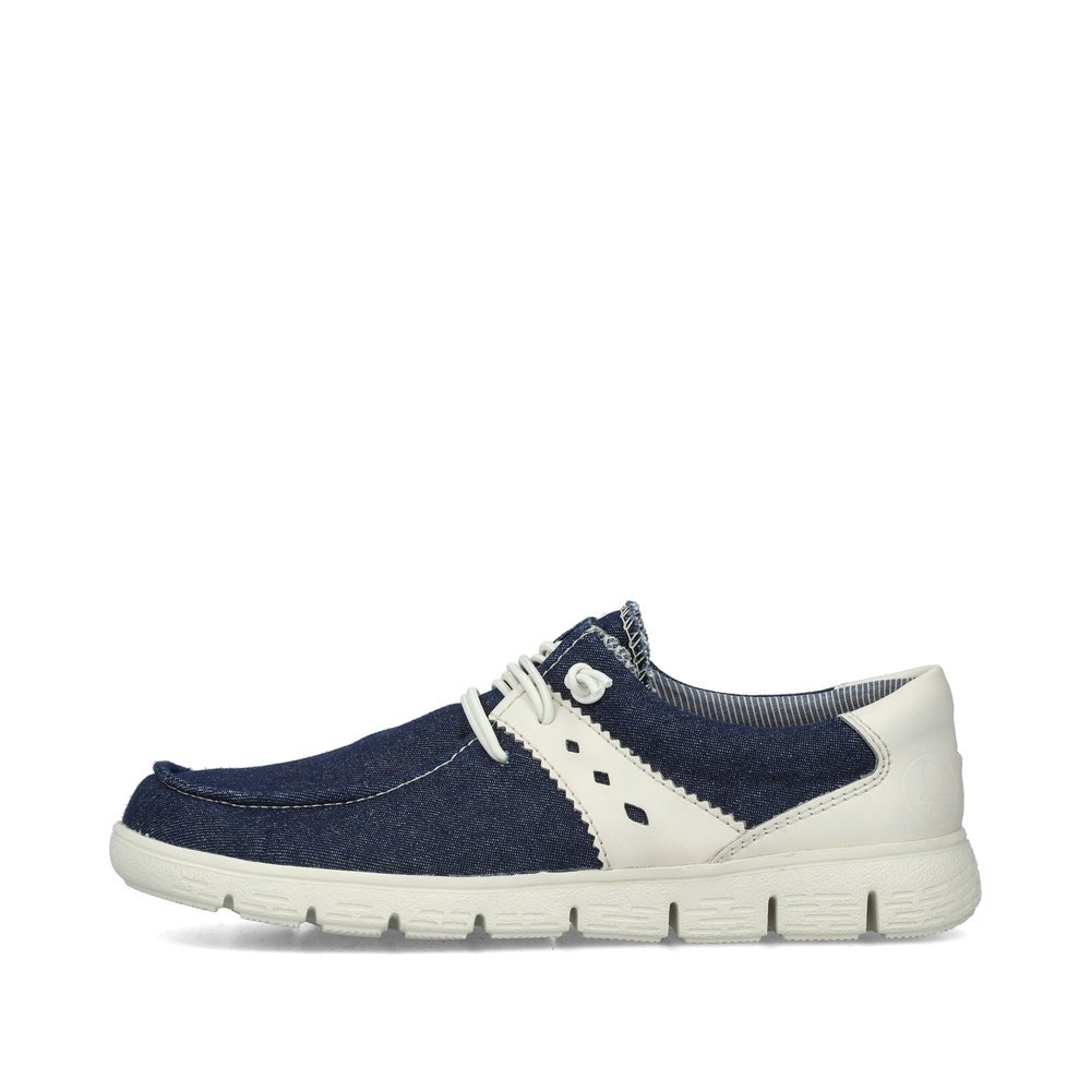 Navy blue vegan Rieker women´s slippers 44000-14 with an elastic lacing. Outside of the shoe.