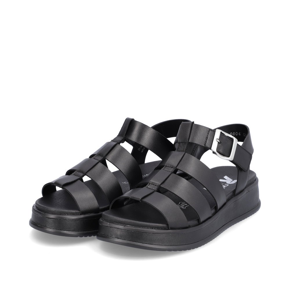 Rieker sandales à lanières noires pour femmes W0804-00. Chaussures inclinée sur le côté.