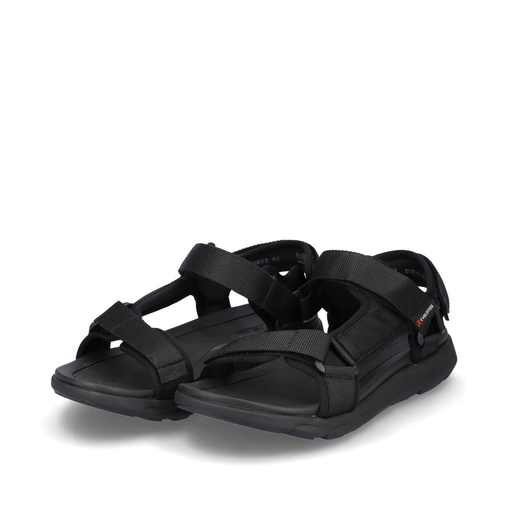 Black washable Rieker men´s hiking sandals 20802-01 with a super light sole. Shoes laterally.