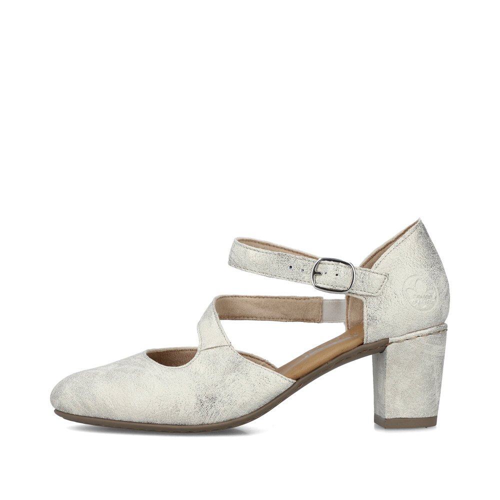 Beige Rieker women´s pumps 41080-60 with buckle as well as extra soft cover sole. Outside of the shoe.
