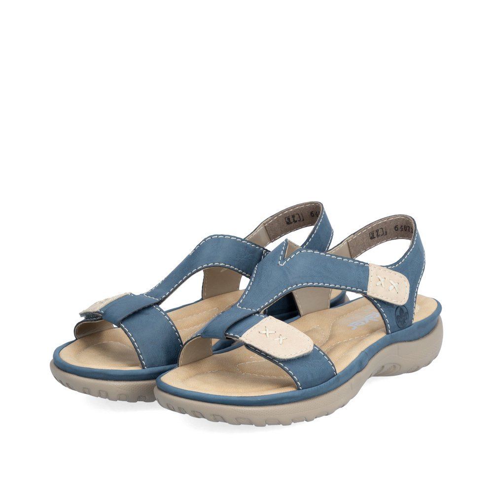 Slate blue Rieker women´s strap sandals 64873-14 with a hook and loop fastener. Shoes laterally.
