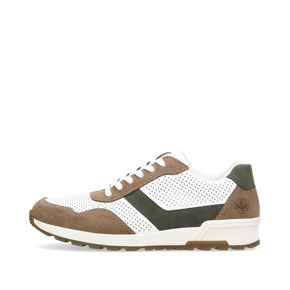 White Rieker men´s low-top sneakers 15109-80 with lacing as well as perforated look. Outside of the shoe.